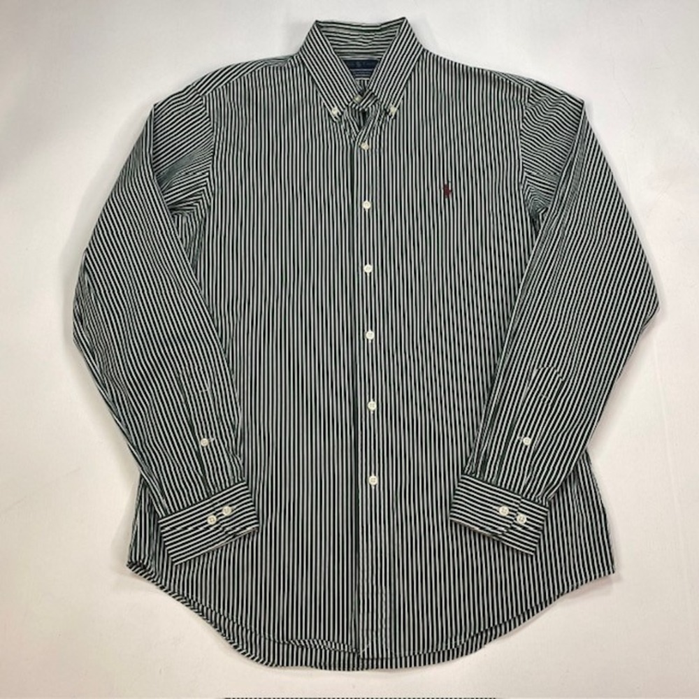 Ralph Lauren Mens Custom Fit Striped Button Down Shirt Green White 15.5 34/35